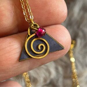 Vintage layered metal glass bead pendant on chain necklace